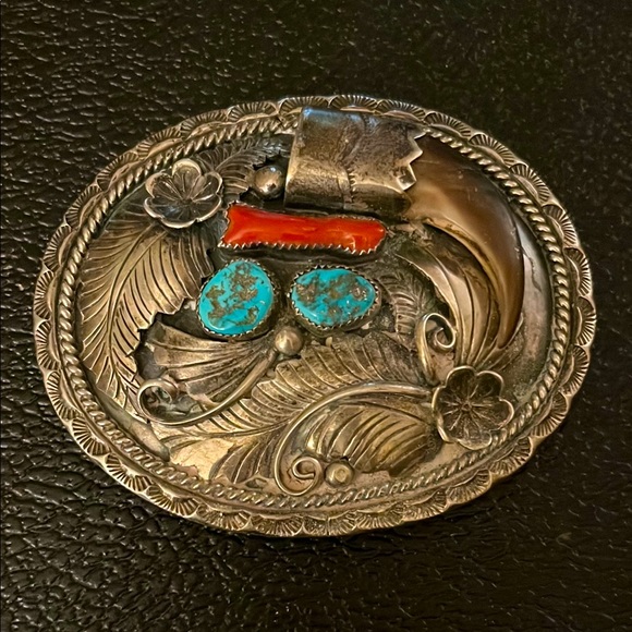 Other - Vintage native American Silver Belt Buckle with Turquoise and Coral